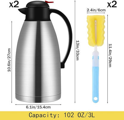 Nuogo 2 Pcs 102 oz Thermal Coffee Carafe Insulated Stainless Steel Carafe Double Walled Vacuum Coffee Thermal Pot with Brush for Home Office Use Keep 24 Hours Hot Water Tea(Silver)