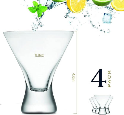 BENETI Martini Glasses Set of 4 | Made in Europe | 8oz Clear Stemless Cocktail Bar Drinking Glassware Set for Parties (4 Pack)