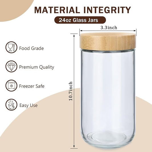 OcePor 6 Pack 24oz Glass Jars with Bamboo Lids, Over Night Oats Container with Airtight Lid, Glass Snack Storage Salad Jars For Food, Yogurt, Sugar and Flour,Coffee Bean, Cookie, Cereal