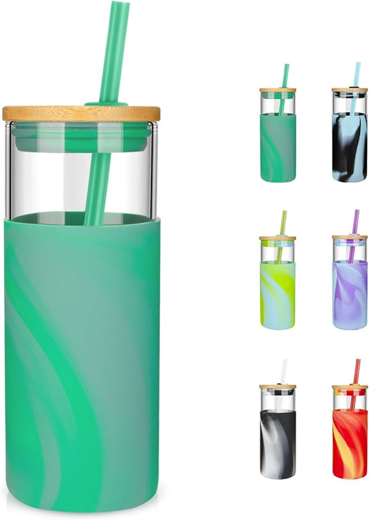 Tronco 20 oz Glass Tumbler with Straw and Lid- Glass Cup with Lid and Straw, Iced Coffee Cup Reusable, Smoothie Cups, Bamboo Lid and Protective Silicone Sleeve - BPA-Free
