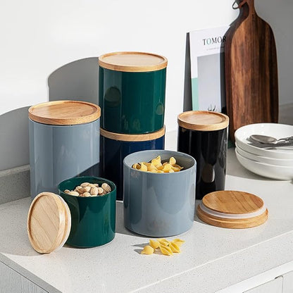 Sweejar Kitchen Canisters Ceramic Food Storage Jar, Stackable Containers with Airtight Seal Wooden Lid for Serving Coffee Bean, Flour, Tea, Spice and More - 39 Fl Oz (Black)