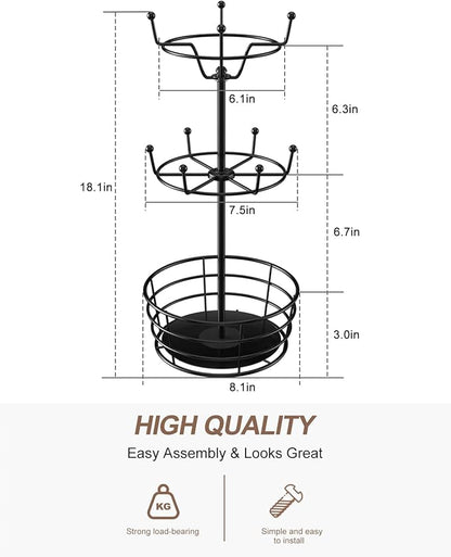 Visentor Rotatable Metal Coffee Mug Rack - 3 Tier Holder with 10 Hooks, Cup Pods & Saucer Basket for Bar Kitchen Counter - Black