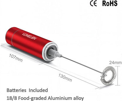 Milk Frother Handheld, Battery Operated Coffee Foamer Drink Mixer with 2 Stainless Steel Electric Whisks for Coffee, Latte, Cappuccino, Hot Chocolate, Protein， Batteries Included, Ruby Red