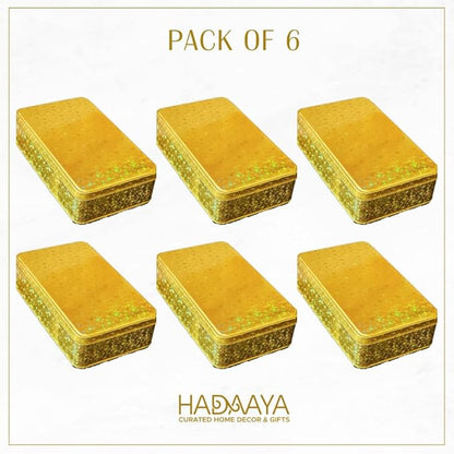 Pack of 6 Glittering Gold Rectangular Container With Lid, Multipurpose Tin Box, Festive Tin Box for Gift Giving, Cookies, Stationery & More - 7.25 x 5.25 x 2.25 Inches