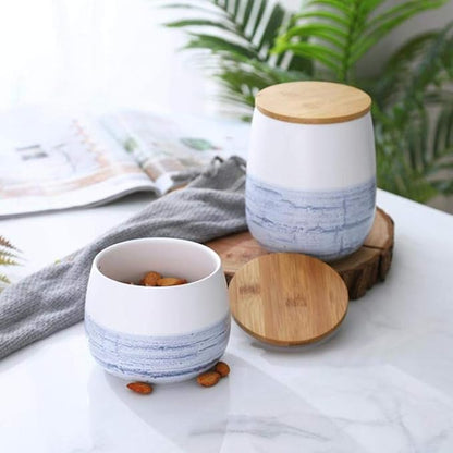 Food Storage Jar White Ceramic Food storage canister with Airtight Wooden Lid for serving Coffee, Tea, Sugar, Spice and More (700ml)