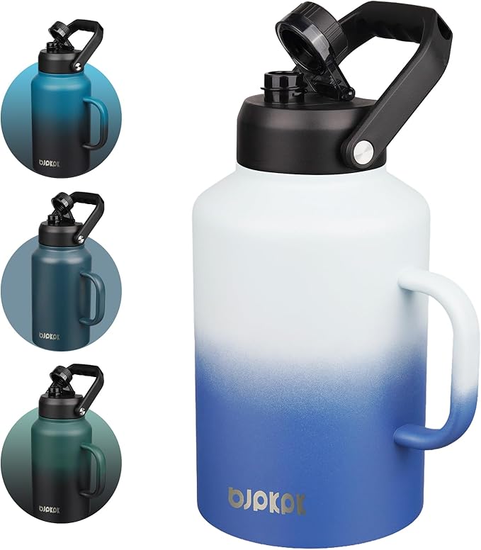 BJPKPK 1 Gallon Water Bottle with Handle, Large Dishwasher Safe 128oz Insulated Water Bottle, BPA Free Water Jug, Wide Mouth Metal Water Bottle with Anti-slip Bottom, Keep Cold & Hot,Sky