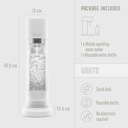 Mysoda Woody Sparkling Water Maker - Silent Carbonated Water Machine Made of Renewable Wood Composite and 1L Water Bottle - Without CO2 Cylinder - Seltzer Maker Machine - Colour White