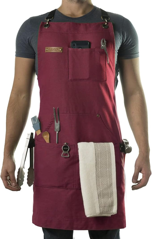 Asaya Chef and BBQ Apron with Bottle Opener and Hand Towel - 10oz Cotton Canvas, Stainless Steel Hardware - Cross Back Straps