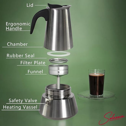 12 Cup Stovetop Espresso Maker Matte Stainless Steel Moka Pot Italian and Cuban Mocha Coffee Maker, Compatible with Gas, Electric, Ceramic, and Induction stovetops(20 fl oz/600 ml)
