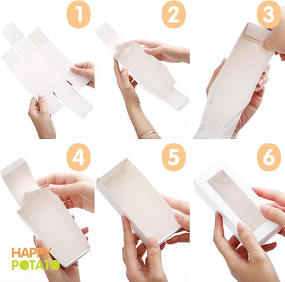 HAPPY POTATO 30 Pack Macaron Boxes for 4 or 5, 4×1.9×1.9 Inches, Macaron Packaging Boxes, White Macaron Box with Clear Window, Macaron Container Gift Boxes with Ribbon