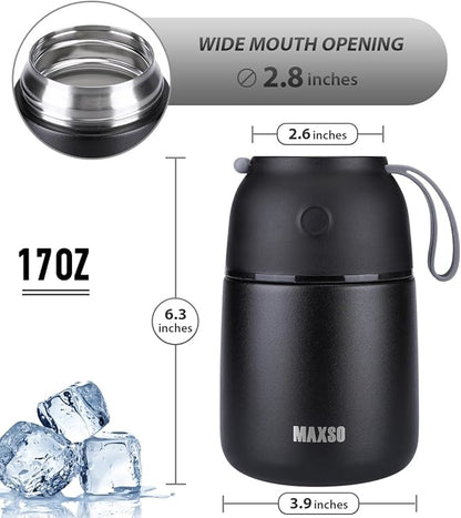 Insulated Thermo Food Jar for Hot & Cold Food for Kids Adult, 17 oz Soup Thermal Hot Food Containers for Lunch, Triple Layer Insulation Stainless Steel Food Jar with Spoon (Black)