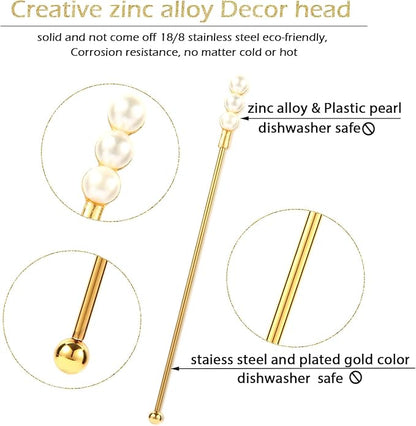 Exquisite Gold Pearl Stainless Steel Coffee Beverage Stirrers Stir Cocktail Drink Swizzle Stick for Wendding Party Value Pack, Hostess Gifts Set of 4, 7.5 Inches Long
