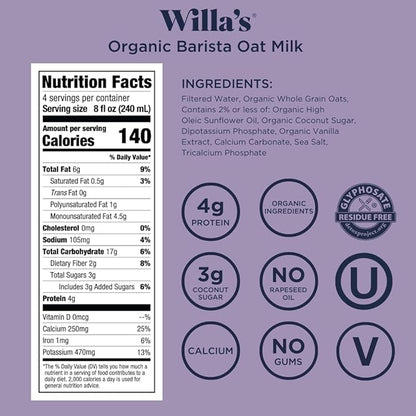 Willa's Organic Barista Oat Milk - Barista Blend Unsweetened Oatmilk and Creamer, Non-GMO, Shelf Stable, Low Sugar, Non-Dairy Milk, Made from Whole Grain Oats, For Foams and Froth, 32oz, Pack of 6
