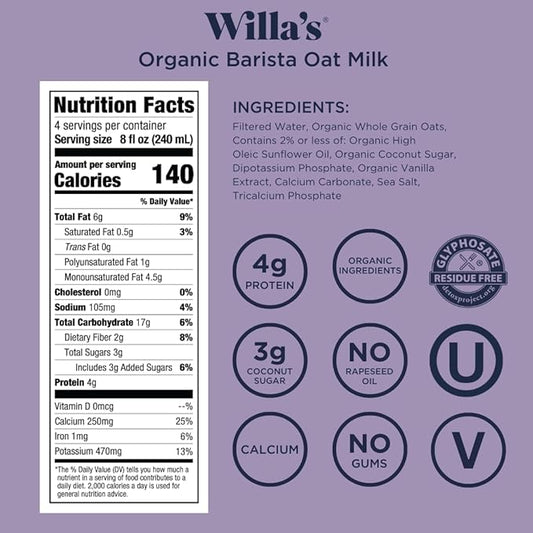 Willa's Organic Barista Oat Milk - Barista Blend Unsweetened Oatmilk and Creamer, Non-GMO, Shelf Stable, Low Sugar, Non-Dairy Milk, Made from Whole Grain Oats, For Foams and Froth, 32oz, Pack of 6