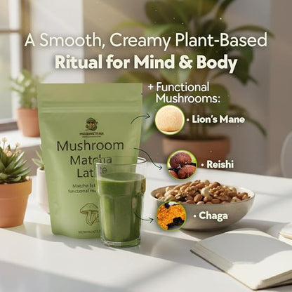 Mushmatcha Mushroom Matcha Latte Powder - Ceremonial Grade Organic Matcha Green Tea with Adaptogenic Mushrooms - Vegan Superfood Drink for Focus & Natural Energy - No Additives, 100% Natural - 100g