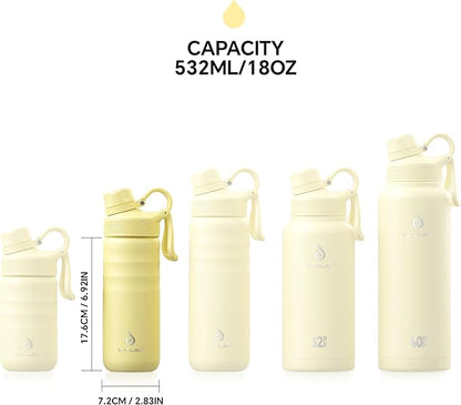 IDEUS Insulated Stainless Steel Water Bottle with 2 Leak-Proof Lids, Thermal Water Flask for Hiking Biking, 18oz, Light Yellow
