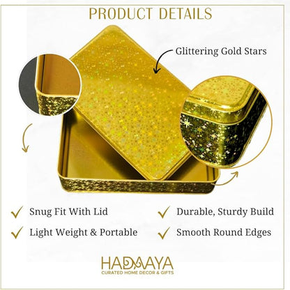 Gold Glitter Single Piece Empty Rectangular Tin Container With Lid, Multipurpose Festive Party Favor Gift Box For Cookies, Candies, Stationery & More - 7.5 x 4.25 x 2 Inches