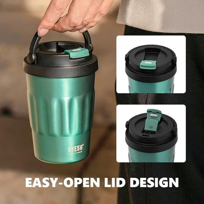 TYESO Stainless Steel Portable Tumbler with Flip Lid,Travel Mug with Concealed Carry Handle, Leakproof Insulated Coffee Cup (BLUE, 13 OZ)