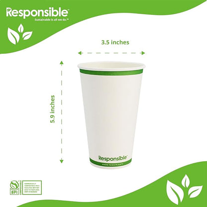 20 oz Paper Hot Cups, Tree-Less™ Compostable Paper Coffee Cups, Extra Strength, Tree-Free and Made Without PFAS, White (1000 Count)