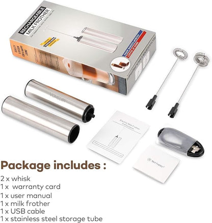 Rechargeable Milk Frother Handheld Electric Frother Wand Milk Foamer Drink Mixer for Coffee, Lattes, Cappuccino, and Egg, Stainless Steel for Travel-Silver