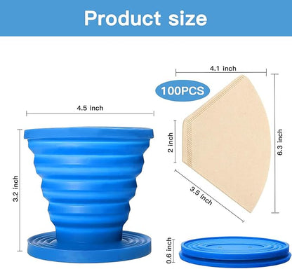 Collapsible Pour Over Coffee Dripper Set - Silicone Reusable Cone Filter Holders with 100Pcs Paper Filters - For Home, Camping, Travel, Office (1, Blue)