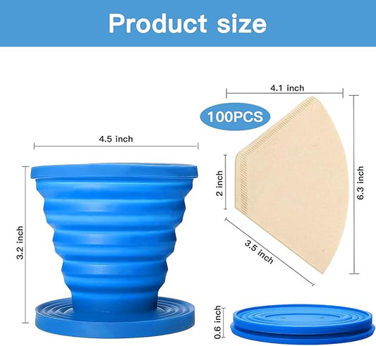 Collapsible Pour Over Coffee Dripper Set - Silicone Reusable Cone Filter Holders with 100Pcs Paper Filters - For Home, Camping, Travel, Office (1, Blue)