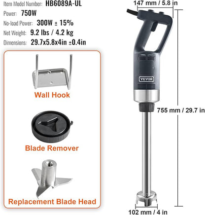 VEVOR Commercial Immersion Blender, 750W 16" Heavy Duty Hand Mixer, Variable Speed Kitchen Stick Mixer with 304 Stainless Steel Blade, Multi-Purpose Portable Mixer for Soup, Smoothie, Puree, Baby Food