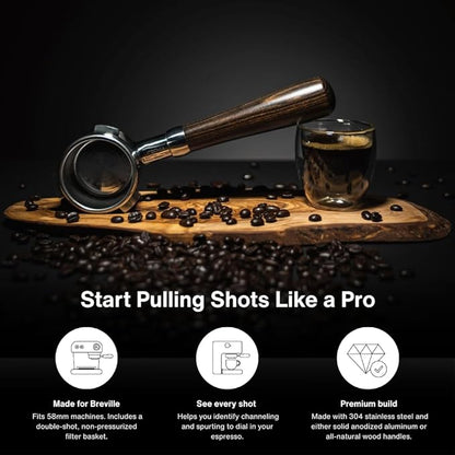 Crema Coffee Products 58mm Bottomless Naked Portafilter | Compatible with 54mm Breville Machines | Includes Double Shot Filter Basket | Matte Black