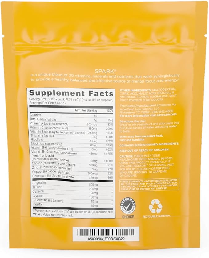 AdvoCare Spark - Energy Drink Mix - Vitamin & Amino Acid Supplement - Supports Energy & Focus* - Portable Immune Support* - Sugar-Free - Cranberry Peach Orange, 14 Stick Packs (3.5 oz)