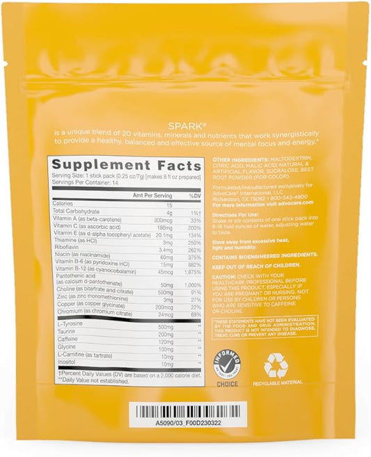 AdvoCare Spark - Energy Drink Mix - Vitamin & Amino Acid Supplement - Supports Energy & Focus* - Portable Immune Support* - Sugar-Free - Cranberry Peach Orange, 14 Stick Packs (3.5 oz)