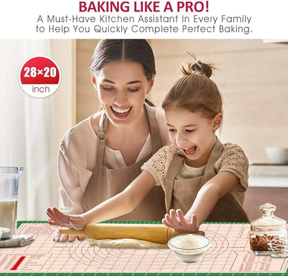 Pastry Baking Mat 28x20 Inch - Larger Silicone Baking Pastry Mat for Rolling Dough,Non Silp Silicon Dough Sheet Mat with Measurement,Perfect for Making Pie,Pizza(Green)