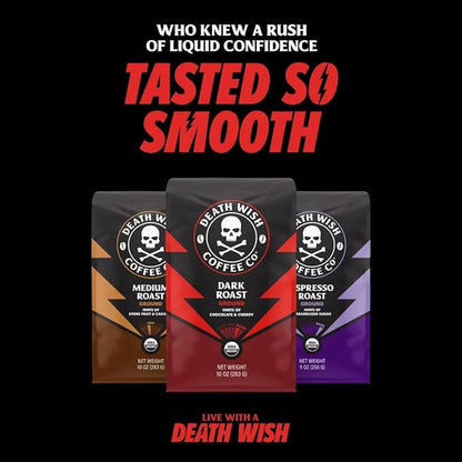 Death Wish Coffee, Organic and Fair Trade, Medium Roast, Whole Bean Coffee, 16 oz