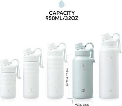 IDEUS Insulated Stainless Steel Water Bottle with 2 Leak-Proof Lids, Thermal Water Flask for Hiking Biking, 32oz, Light Blue