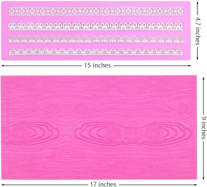 Embossing Lace Fondant Molds, Woodgrain Fondant Mats Molds, Silicone Molds for Cake Decorating set of 2