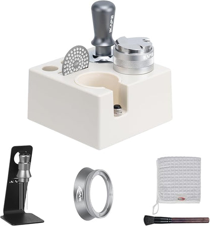IKAPE 51MM Espresso Tamper Kit Silver 8 IN 1, Coffee Tamper Set comprising a Tamper, Distributor, Magnetic Dosing Funnel, Puck Screen, Station, WDT Tool, along with a Cleaning Towel and Brush