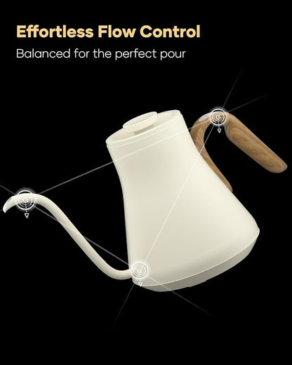 Cocinare FLOW B9 Gooseneck Electric Kettle, Precise Temperature Control for Pour-Over Coffee & Tea Brewing, Stainless Steel Interior, Rapid Heating for Boiling Water 1500W/0.9L (White Wooden)
