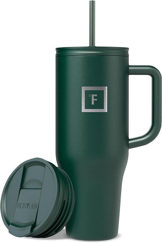 IRON °FLASK Co-Pilot 40 oz Insulated Tumbler with Straw & Flip Cap Lids - Cup Holder Bottle for Hot or Cold Drink - Leak-Proof, Double Walled - Water, Coffee Portable Travel Mug - Dark Pine