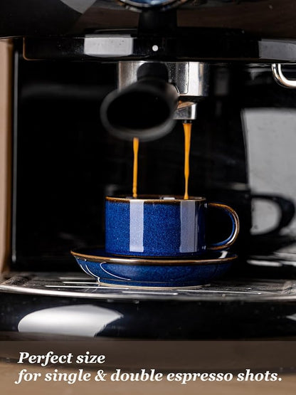 Gomakren 2.5 Ounce Espresso Cups Set of 4, Small Stackable Coffee Cups with Saucers and Metal Stand, Porcelain Demitasse Cups for Specialty Coffee Drinks, Espresso, Cappuccino, Latte, Tea, Cobalt Blue
