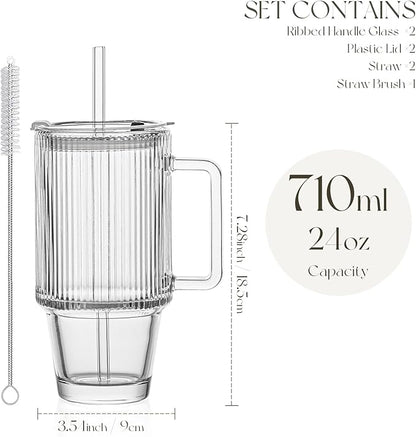 KEMORELA 2-Pack 24 Oz Ribbed Glass Tumblers with Lids and Straws, Handle Iced Coffee Cups, Clear Reusable Drinkware for Smoothies, Cold Beverages - Dishwasher Safe