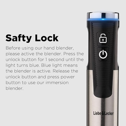 Liebe&Lecker Cordless Hand Blender, Immersion Blender Handheld USB Rechargeable 8 Variable Speeds with Whisk, Milk Frother Attachments, Portable Stick mixed for Milkshakes, Smoothies & Soups.