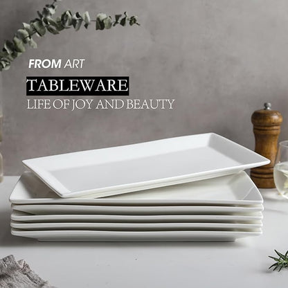 12" Serving Platters Set of 4, White Rectangular Plates, Ceramic Serving Tray, Stackable Large Party Plates for Appetizer, Dessert, Steak, Sushi, Housewarming, Oven Dishwasher Safe