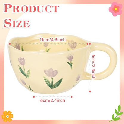 Ceramic Coffee Mug Vintage Flower Mugs 8 oz Cute Floral Coffee Mugs Irregular Latte Art Cup Lead-free Porcelain Cups for Cappuccino, Cocoa (Purple Tulips)