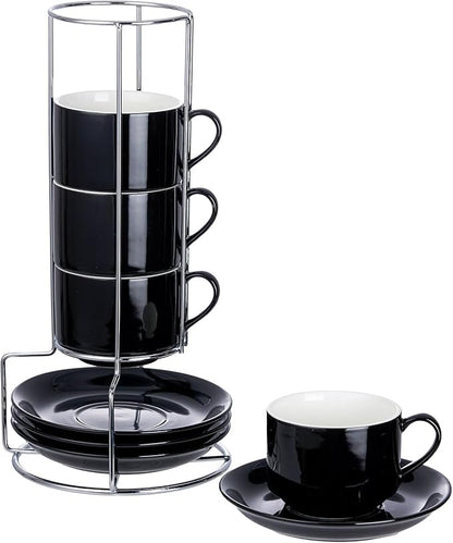 8 Ounce Porcelain Cappuccino Cups with Saucers and Silver Stand, Black Cups Set of 4