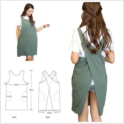 Cotton Linen Japanese Apron Halter Cross Back Bandage X Shape Aprons Two Pockets