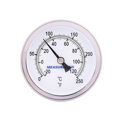 MEASUREMAN Hot Water Bi-Metal Thermometer, 2-1/2" Dial, 1-3/4" Lead-Free Brass Stem, Range 0-250 deg F/-20-120 deg C, 2% Accuracy, Adjustable, 1/2" NPT Back Mount