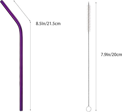 10 Pcs Stainless Steel Straws, Reusable Drinking Straws, Bent Metal Straw Sets with 2 Pcs Cleaning Brushes (Purple, 8.5 Inch)