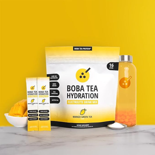 Boba Tea Hydration | Electrolyte Powder Drink Mix | Mango Green Tea | 1000mg Electrolytes, Vitamin C | 16 Stick Packets