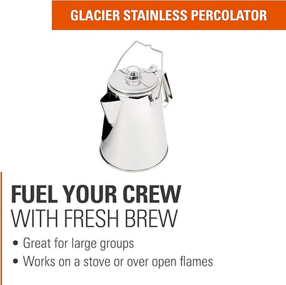 GSI Outdoors Percolator Coffee Pot I Glacier Stainless Steel Ultra-Rugged for Brewing Coffee Over Stove and Fire | Ideal for Group Camping, 8 Cup