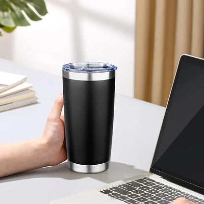 20oz Tumbler with Lid Double Wall Vacuum Insulated Travel Coffee Mug Stainless Steel Thermal Cup Powder Coated Sturdy Coffee Tumbler Bulk for Hot and Cold Beverage (Black,6)