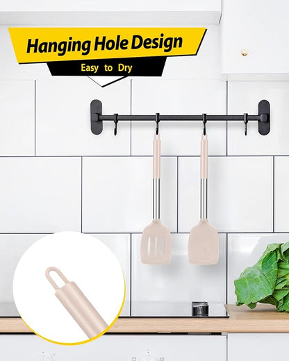 Pack of 2 Silicone Solid Turner, Non Stick Slotted Kitchen Spatulas, High Heat Resistant BPA Free Cooking Utensils, Ideal Cookware for Fish, Eggs, Pancakes(Stainless Steel Khaki)